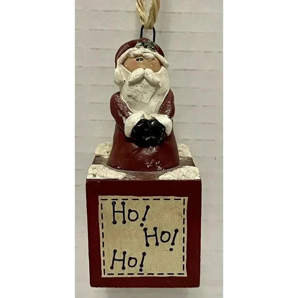 Vintage Santa Claus HO HO HO Toy Block Christmas Statue Ornament 3.25” High Snow